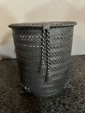 Hollywood Regency Gold Filigree Scroll Footed Trash Can & Liner MCM Vintage Rope